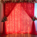 30x10ft Red Tulle Backdrop Curtain with Lights String for Parites, Sheer Backdrop Curtains for Wedding Baby Shower Birthday Party Photo Shoot Decorations