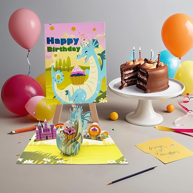 Happy Birthday Cute Dragon Pop-Up Card | Adorable 3D Popup Design for Kids & Adults | Perfect Birthday Greeting Card for Parties, Celebrations & Special Moments | Unique 3D Birthday Pop Up Card Gift