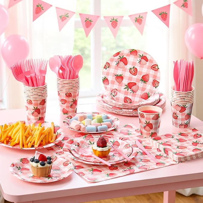Honeydak 210 Pcs Strawberry Party Supplies for 30 Guests, Includes Plates, Cups, Napkins, Cutlery - Strawberry Birthday Tableware Decoration for 1st Birthday, Summer Fruit Party