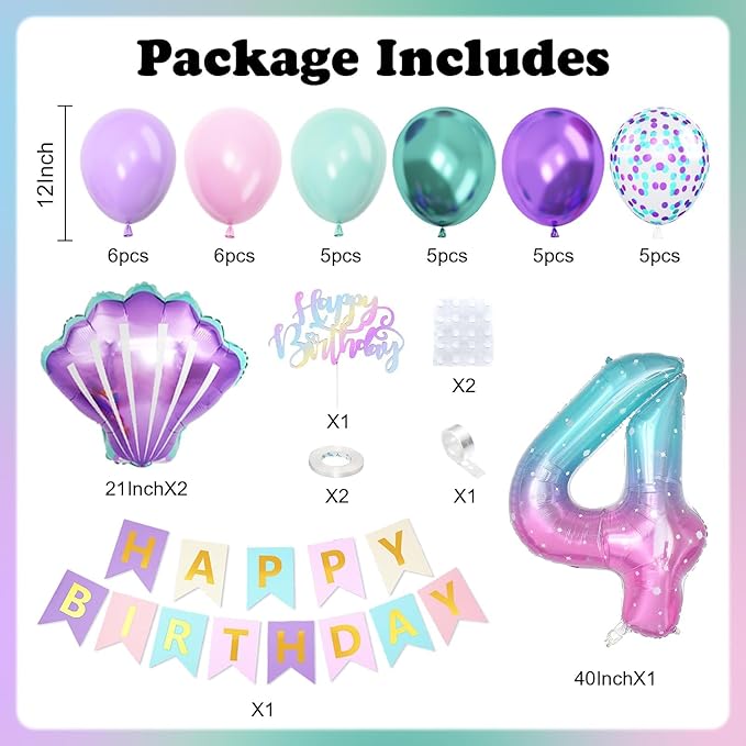 4th Mermaid Birthday Decoration for Girls,Pink Purple Green 4th Birthday Balloon Number 4 Seashell Foil Balloons Banner Mermaid Sea Party Decor Supplies for 4 Year Old