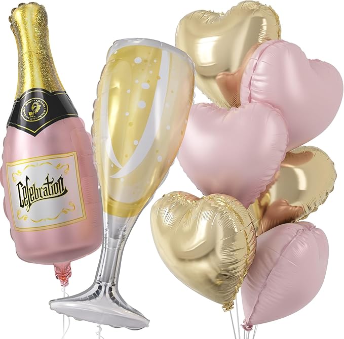 Champagne Balloons, Bachelorette Party Balloons with Champagne Bottle Glass Foil Mylar Balloon Baby Pink Gold Heart Shaped Balloon for Engagement Birthday Bridal Shower Wedding Anniversary Decorations