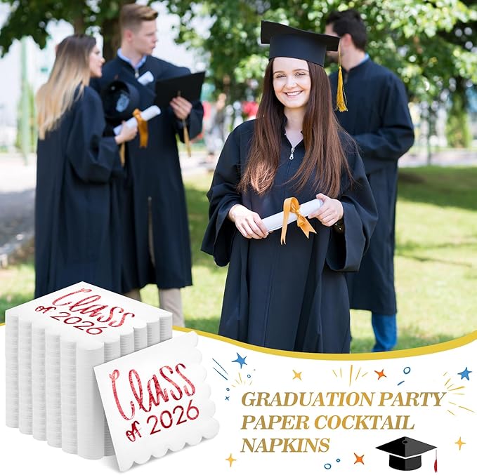 100 Pcs Class of 2026 Graduation Cocktail Napkins 5 x 5 Inch Congrats Grad Scalloped Paper Napkins for Dinner Beverage Graduate Decorations(Red)