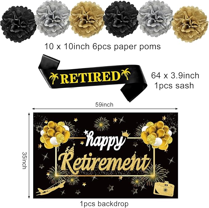 20PCS Happy Retirement Party Decorations Kit for Men Women, Kuxriox Black Gold Retirement Backdrop Balloon Honeycomb Centerpiece Swirl Paper Pompom Party Supplies, Retired Sash Table Topper Swirls Set