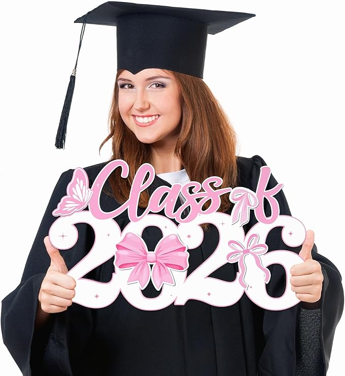 Pink Bow Class of 2026 Wood Signs Graduation Decorations 2026 Wooden Sign Congrats Grad Photo Booth Props for Graduation Party Decorations Wood Cutout College High School Party Supplies