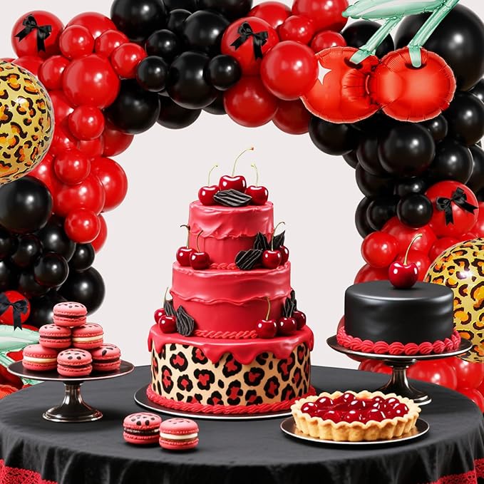 JOGAMS Betty Party Decorations,169Pcs Leopard Cheetah Print Party Decorations,Red Black Cherry Balloon Arch Kit with Ribbon Cherry Cheetah Balloons for Birthday Bachelorette Baby Shower Retro Party