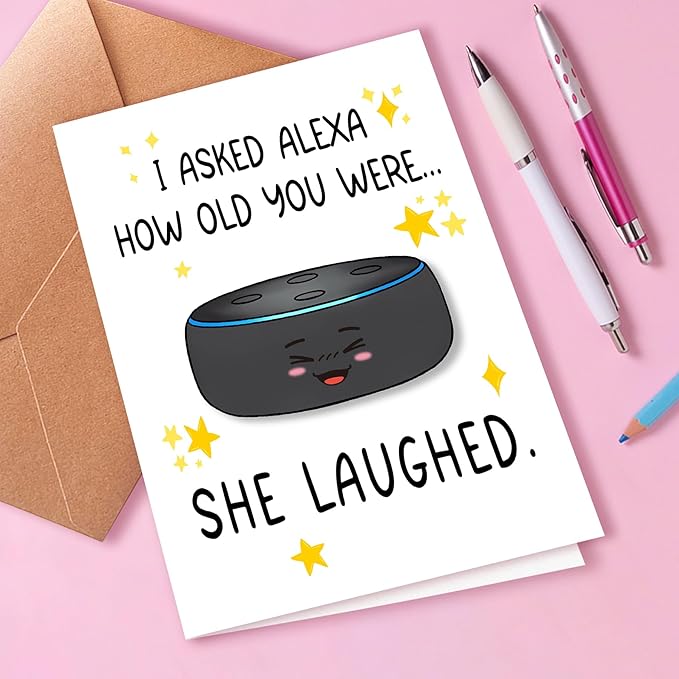 Funny Birthday Card for Men Women - "I Asked AI How Old You Were" Smart Speaker Joke - Sarcastic Getting Old Greeting Card for Dad, Husband, Mom, Sister, Best Friend - Witty Tech Humor Gift with Envelope