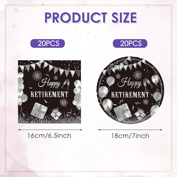 40PCS Happy Retirement Party Decorations Men Women,Black Silver Disposable Tableware Set Including Retirement Plates and Napkins for Women Men,Going Away Decor