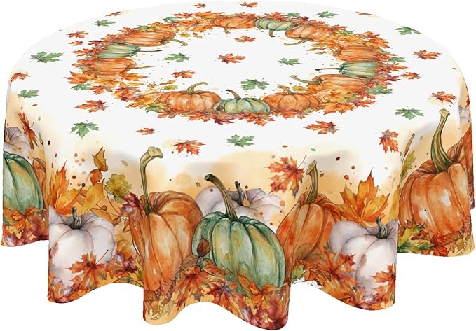Fall Tablecloth Round 60 Inch Thanksgiving Autumn Harvest Orange Pumpkin Outdoor Table Cloth Maple Leaf Table Cover for Kitchen Dinner Room Holiday Party Outdoor Home Fall Decor