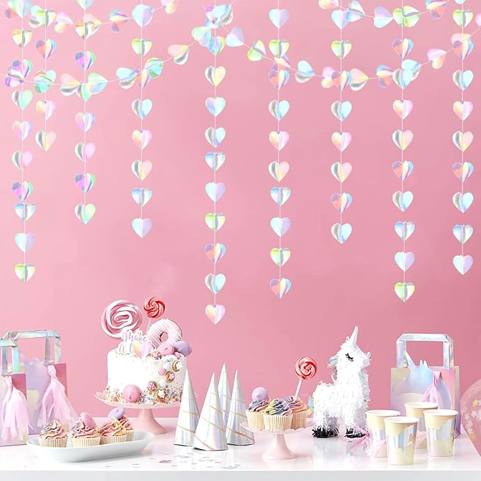 Iridescent Disco-Holographic Party-Decorations Heart-Garland - 39Ft Galentines Valentines Day Wedding Hanging Paper Streamers Banner,Birthday Bachelorette Baby Bridal Shower Engagement Decor Ouruola