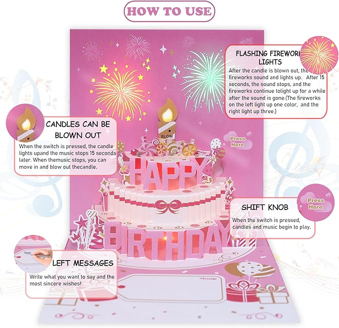 Musical Birthday Cards with Light and Music, Blowable, 3D Birthday Popup Cards for Men & Women– Plays Hit Song 'HAPPY Birthday' (pink)