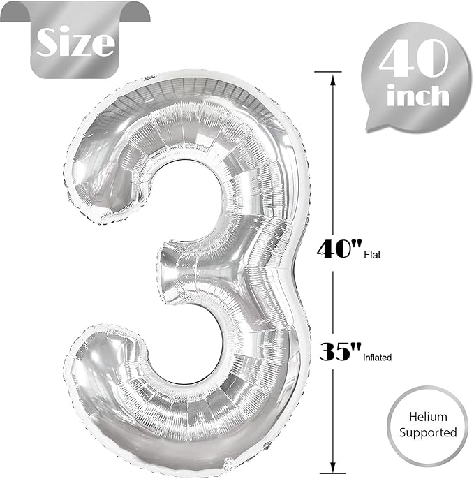 Silver Number 3 Balloon 40 Inch, 3rd Birthday Celebration Supplies for Girls Boys Women Men, 3 Balloon for Girls Boys Theme Party