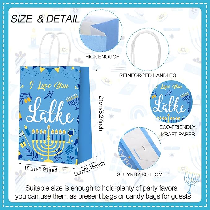 Outus 24 Pcs Hanukkah Party Favor Bags Chanukah Gift Goodie Paper Bags with Handles Blue Star of David Dreidel Candy Treat Pouch for Happy Hanukkah Party Decorations Supplies