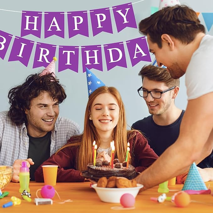 Purple Happy Birthday Banner Sign Happy Birthday Bunting Banner Garland for Kids Girl Woman Birthday Tea Party Decorations Bunting Flag Birthday Party Supplies