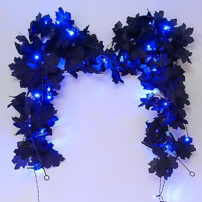Halloween Garland Decor Indoor Table Decorations Fall Wall Hanging Artificial Black Maple Leaf Vine Decorations for Home (2 Pcs Blue Light, Set with Light)