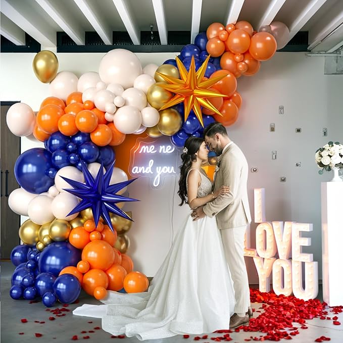 Orange and Blue Balloon Arch Garland Kit, Navy Royal Blue Gold Orange Balloons Garland Kit with 4D Star Chrome Latex Balloons for Birthday Baby Shower Graduation Thanksgiving Party Decorations