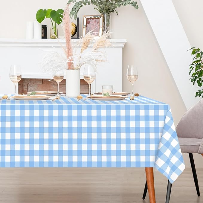 2 Pack Light Blue Gingham Tablecloth Rectangular Pale Blue and White Checkered Tablecloths Disposable Plastic Plaid Table Cover for Parties, Outdoor Picnic, Birthday, Wedding, Camping 54 × 108 Inch
