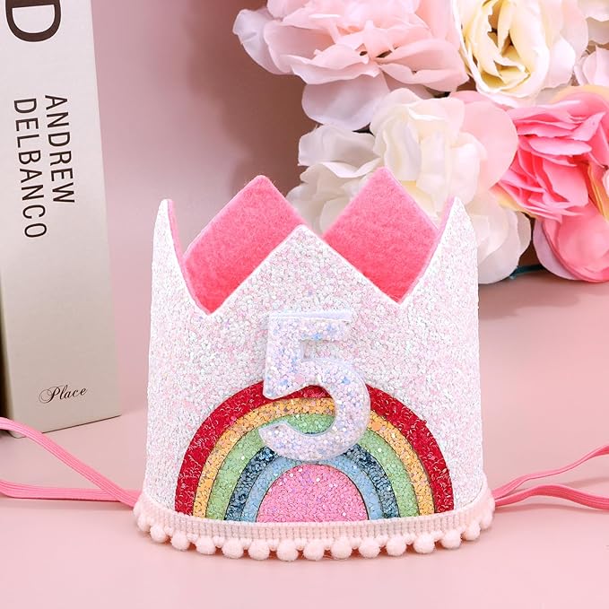 Rainbow Birthday Hat for 5 Year Old Girl - 5th Birthday Decorations, Princess Tiara Crown, Birthday Headband, Party Photo Props Accessories
