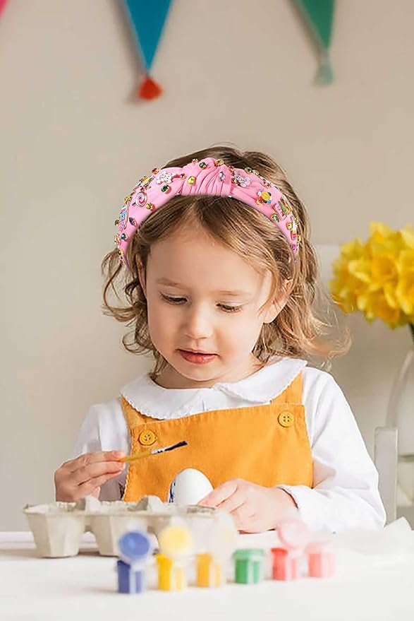 Easter Headband Spring Accessories for Women Easter Egg Bunny Knotted Headband Colorful Crystal Top Knot Headbands Spring Hair Accessories Gifts (EASTER-Pink)