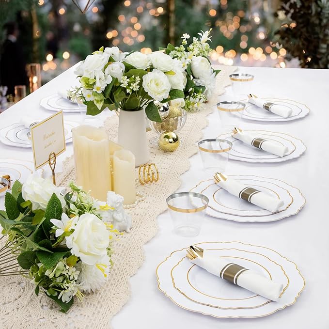 Liacere 350PCS Gold Plastic Plates-Disposable White and Gold Plates 50guest Baroque Plastic Dinnerware include 100Plates, 50Pack Pre Rolled Napkins with Silverware 50Cups for Wedding & Easter Day