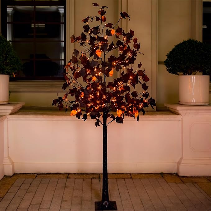 6ft Black Maple Halloween Tree with LED Skull Lights & Spiders, 160 Bulbs, Dimmable Timer, 16ft Cord, Indoor & Outdoor Decor