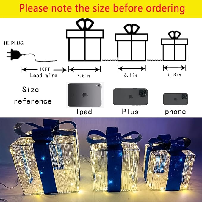 Christmas Decorations, Purtuemy Set of 3 Christmas Lighted Gift Boxes 140 LED Light up Present Ornament for Tree Indoor Outdoor Yard Holiday Door,Warm White