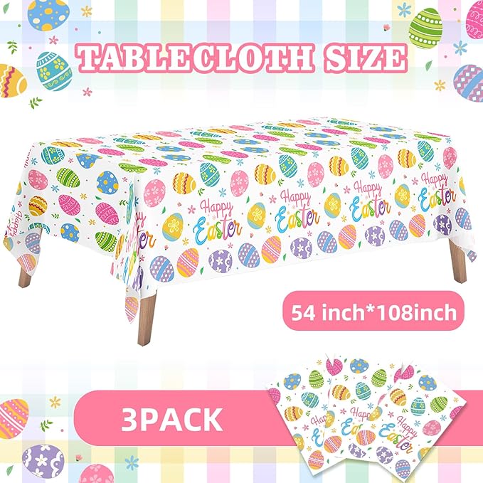 3-Pack Easter Egg Disposable Plastic Tablecloths – 54 x 108 Inch Rectangular Table Covers for Spring Parties and Holiday Decor