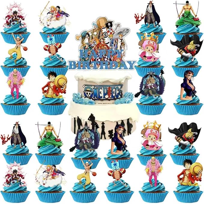 43Pcs For One Piece Birthday Party Supplies: 1 Banner, 1 Tablecloth, 1 Backdrop, 1 Cake Topper, 24 Cupcake Toppers, 15 Balloons, 2 Aluminum Balloons for Kids Boys Theme Party Decorations