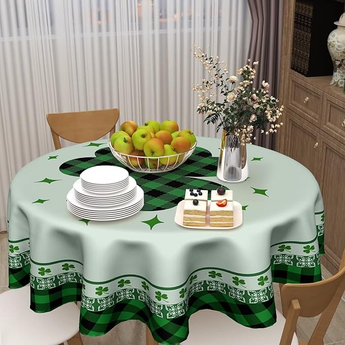 St Patricks Tablecloth Round 60 Inch Green Shamrock Tablecloth Buffalo Plaid Clover Table Cloth Farmhouse St Patrick's Day Tablecloth for Kitchen Holiday Picnic Party Dinner Room Outdoor Decor