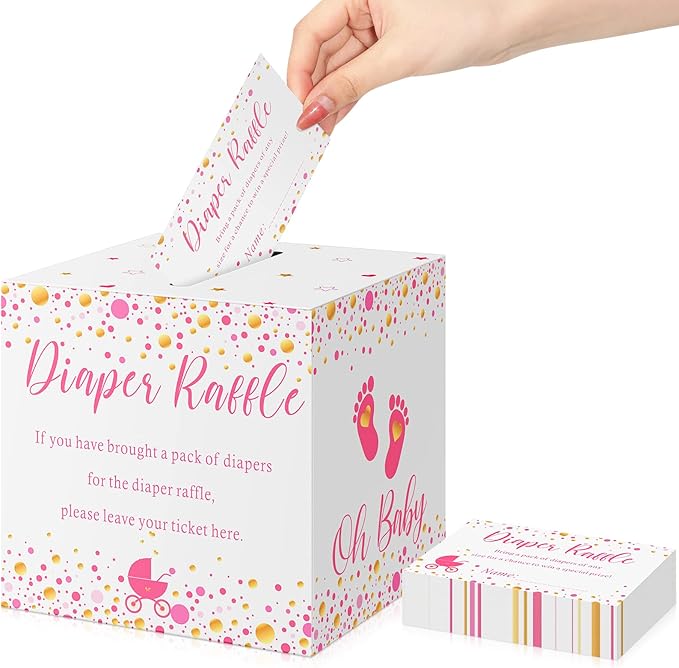 Funrous 51 Diaper Raffle Tickets with Box for Baby Shower Game Invitations Diaper Raffle Card for Gender Reveal Baby Shower Party Decoration Table Centerpiece(White, Pink)