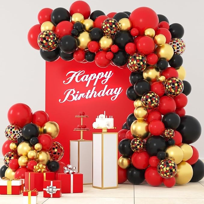 Patimate Red Black Gold Balloons Set, 50Pcs 12 Inch Red Black Metallic Gold Latex Balloon and Confetti Balloon for Casino Theme Party Birthday Graduation New Year Wedding Anniversary Party Decorations