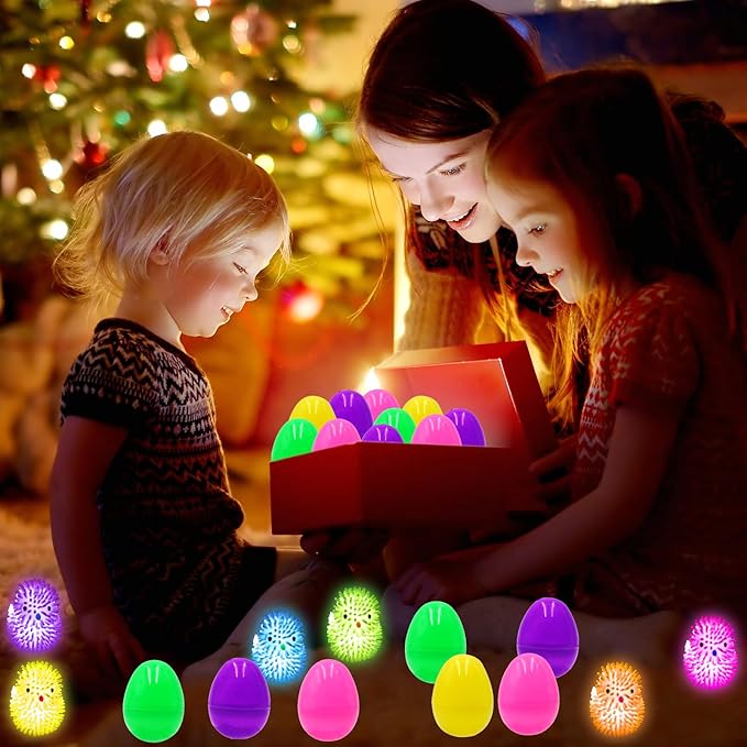 12 Pack Easter Egg Fillers Chick LED Puffer Balls ,LED Light up Toys Flashing Spiky Toys Bulk Glow in The Dark for Kids Boys Girls Classroom Prizes Easter Basket Stuffers Party Favors