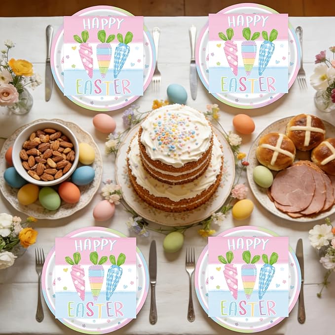 40Pcs Easter Paper Plates and Napkins Party Supplies, Disposable Bunny Plates Carrot Napkins Dinnerware Set for for Spring Easter Holiday Birthday Decorations