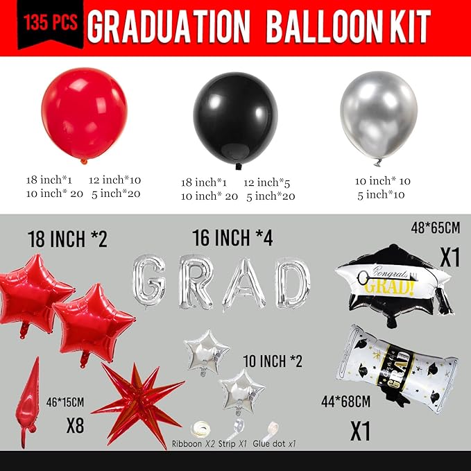 Black Red and Silver Balloon Garland Arch Kit 130+ Pieces with Red and Silver Stars, Graduation Certificate Graduation Cap GRAD Letters Mylar Balloons for 2026 Graduation Prom Decorations