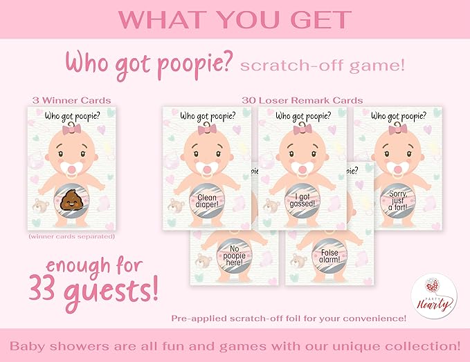 Party Hearty Baby Shower Games for Girl, 33 Poopie Emoji Scratch Off Lottery Tickets, Baby Games Ideas, Scratch Off Game