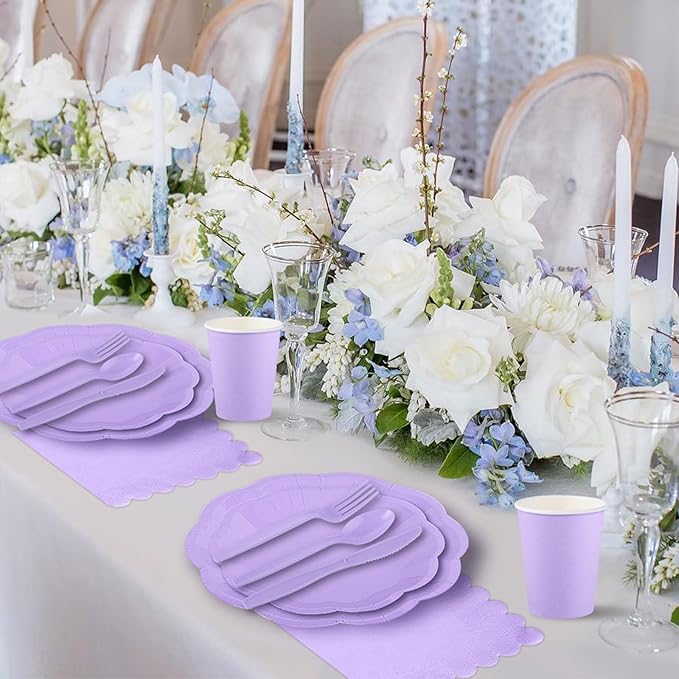 350 Pcs Light Purple Party Supplies Include Scalloped Plate Napkin Cup Forks Knives, Plastic Cutlery 50 Guest Disposable Party Tableware Set for Wedding Baby Shower Birthday Party