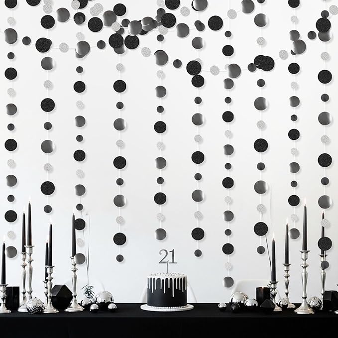Outus 5 Pieces Black,Silver Round Dots Garland Easter Graduation Party Hanging Decor Each Length 13.1ft Glitter Paper Dot Streamers for Birthday Wedding Classroom