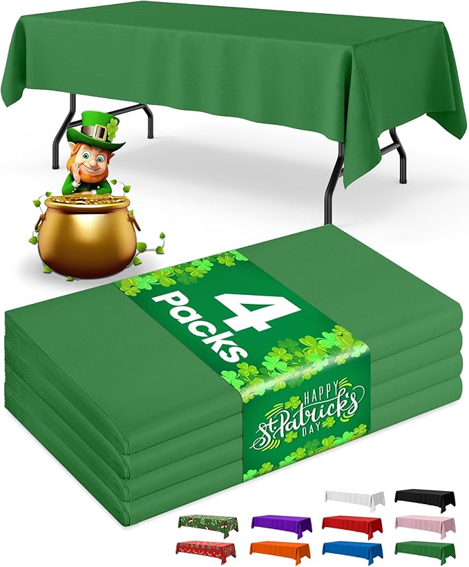Green Plastic Table Cloth - 4 Pack 54" × 108" Rectangle Disposable Tablecloths for 6FT Tables, Table Cover for St Patricks Day, Party, Holiday & Gathering Use