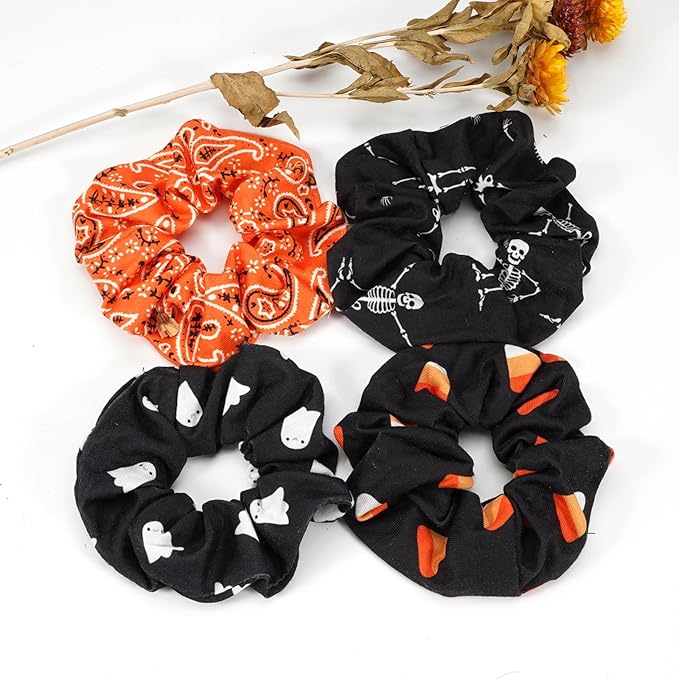 Halloween Hair Scrunchies for Women Girls Ghost Skeleton Candy Skull Hair Ties Fall Orange Bandana Hair Tie Halloween Party Gifts Elastics Scrunchy Hair Accessories