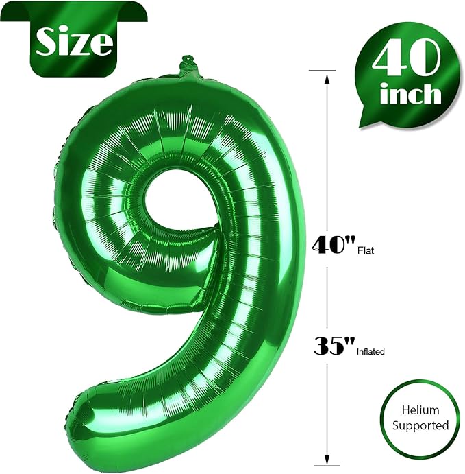 Green Number 9 Balloon 40 Inch, 9 Balloon Number, 9th Birthday Decorations, Green Party Supplies for Boys Girls