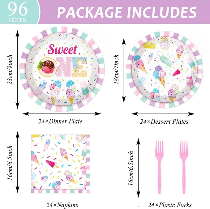 chiazllta 96Pcs Sweet One Ice Cream 1st Birthday Party Paper Plates and Napkins Supplies, Ice Cream Popsicle First Birthday Tableware Decorations for Party Favors 24 Guests