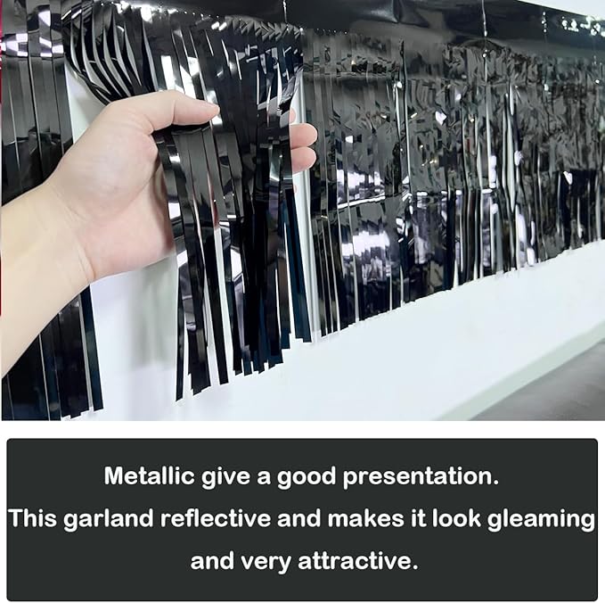 3 Pack Total 30 Feet Foil Fringe Garland Metallic Wall Hanging Drapes Tassel Skirting Tinsel Streamers Decorations for Parade Float Trailer Mardi Gras Party Birthday Wedding (Black)