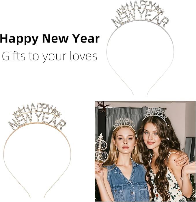 4 PCS 2026 Happy New Year Headbands Glitter Rhinestones New Year's Eve Headband New Year Party Hair Accessories