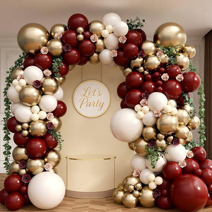 160Pcs Burgundy Balloon Garland Arch Kit with Burgundy Maroon Sand White Metallic Gold Nude Balloons for Bridal Shower Wedding Graduation Birthday Party Decorations