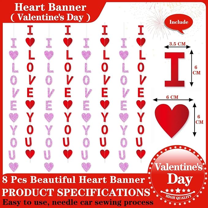 Glitter Red Pink Valentine Banner, 8 Strings Red I Love You Shiny Heart Banners Sign for Celebrate Valentine Party Wedding Ceremonies Holiday Party Decorations