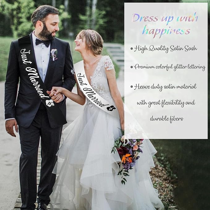 "Just Married - 2 Pcs Bride to Be Sash and Groom to Be Sash Kit, Black White Bachelorette & Bachelor Party Sashes for Wedding Bridal Shower Decorations Engagement Gifts