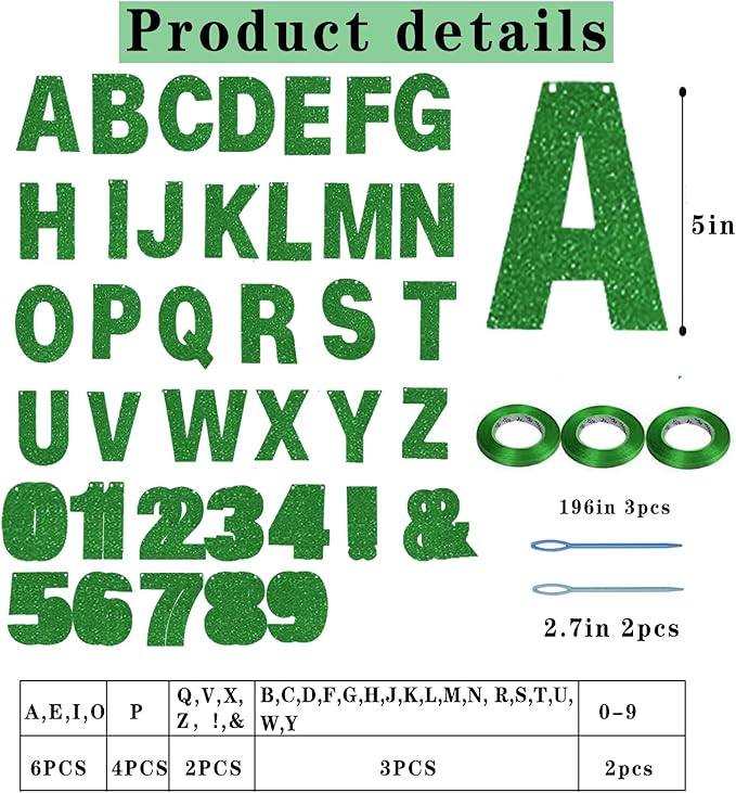 116 Pcs DIY Glitter Customizable Kit - Custom Banner with 111 Letters, Numbers, 3 Rope and 2 Threading Devices for Personalized Decor - Green