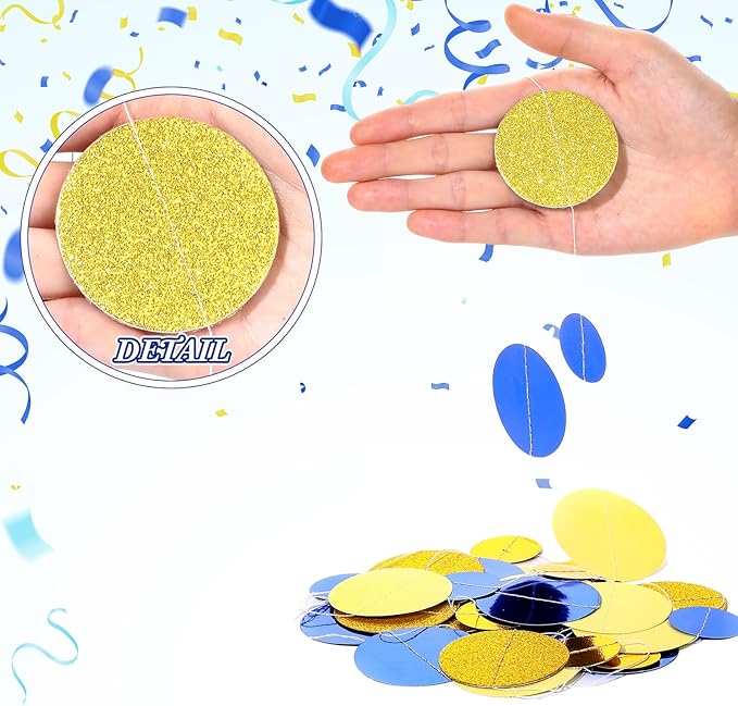 Outus 10 Pieces Blue,Gold Round Dots Garland Easter Graduation Party Hanging Decor Each Length 13.1ft Glitter Paper Dot Streamers for Birthday Wedding Classroom