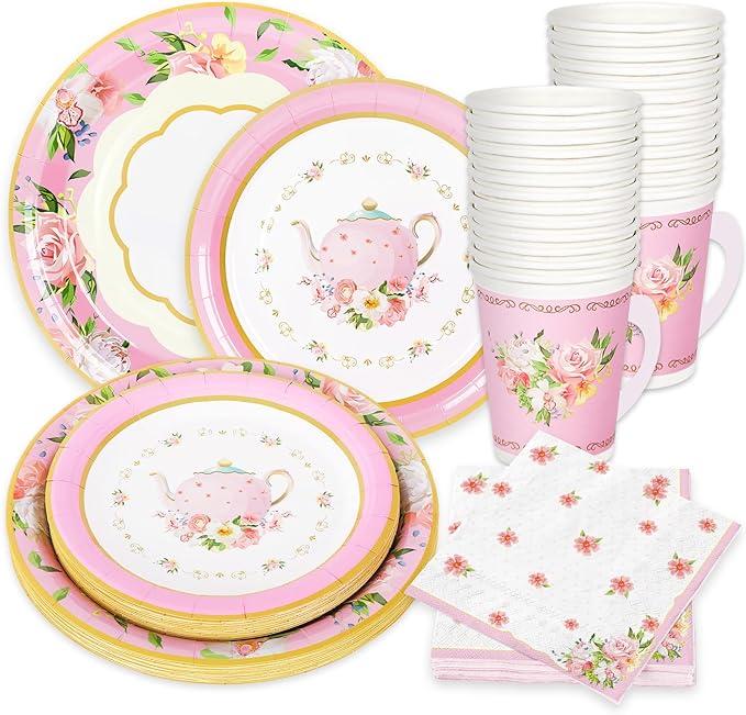 Whaline Pink Tea Party Tableware Supplies Serves 24 Pink Floral Tea Party Disposable Paper Dinnerware, 24 9" Plates 24 7" Saucer Plate 24 9oz Tea Cups with Handle 48 Luncheon Napkins