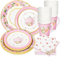 Whaline Pink Tea Party Tableware Supplies Serves 24 Pink Floral Tea Party Disposable Paper Dinnerware, 24 9" Plates 24 7" Saucer Plate 24 9oz Tea Cups with Handle 48 Luncheon Napkins