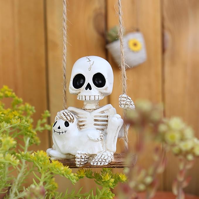 Halloween Skeleton Garden Statue Outdoor Halloween Decor, 2 Pack Gothic Decor Skeleton Plant Decorations for Pots, Cute Ghost Figurine Resin Sculpture for Desk Garden Patio Lawn Yard (F)